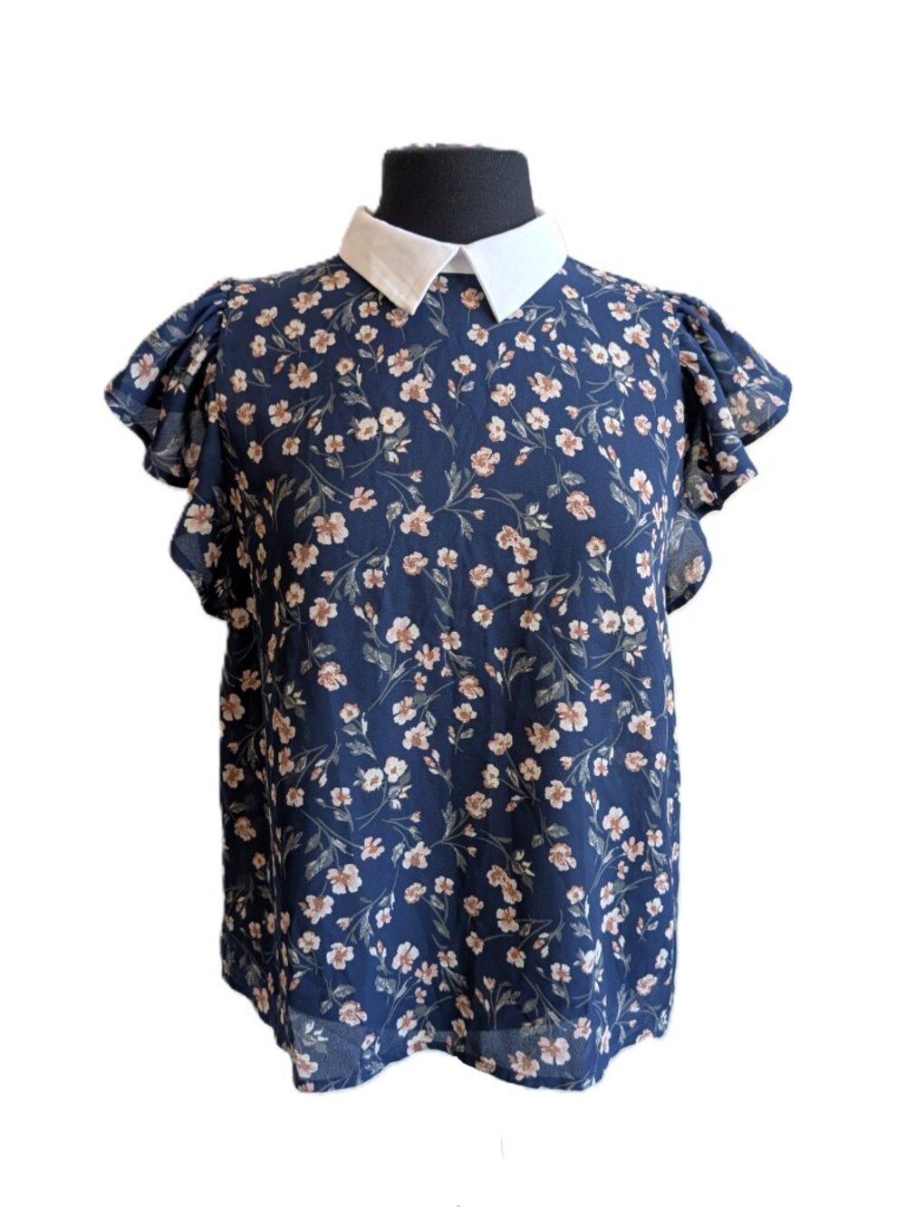 MONTEAU Navy Floral Flutter Sleeve Blouse | Large